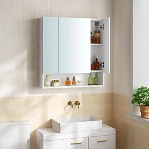 VASAGLE Bathroom Mirror Cabinet, Cabinet with Mirror, Wall Mirror Cabinet, Open Compartment, Adjustable Shelves, Cloud White