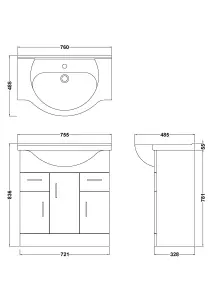 3 Door 2 Drawer Bathroom Vanity Basin Unit with Round Basin - 750mm - Gloss White