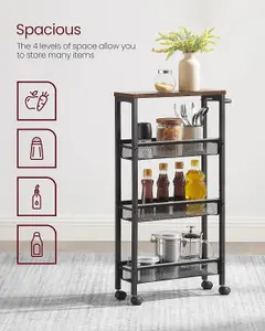 VASAGLE 4-Shelf Trolley, Space-Saving Kitchen Cart with Wheels, Steel Frame, Handle, Rustic Brown and Black