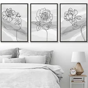 Set of 3 Female Line Art Floral Faces on Grey Wall Art Prints / 50x70cm / Black Frame