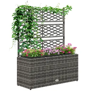 Outsunny Garden PE Rattan Planter Box w/ Trellis Flower Raised Bed, 84x30x107cm