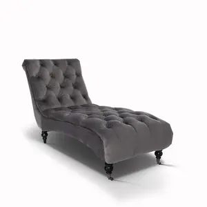 Chaise Lounge in Velvet Dark Grey Chesterfield