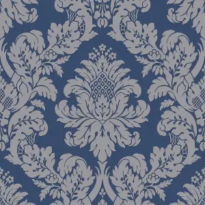 Pear Tree Damask Wallpaper Metallic Glitter Textured Navy Silver Grey Vinyl