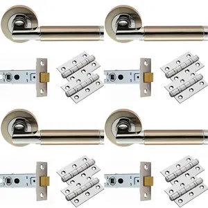 4 PACK - Door Handle & Latch Pack Set- Chrome & Nickel Straight Bar Screwless Round Rose Kit