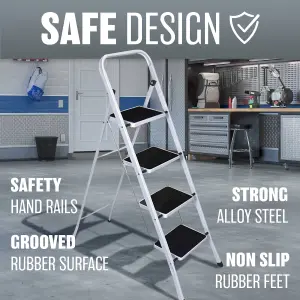 Foldable 4 Step Steel Ladder - Non Slip Tread Stepladder Safety Kitchen, Home, Industrial DIY Steel Construction Strong & Durable