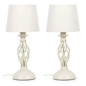 ValueLights Memphis Pair of Cream Twist Table Lamps with a Fabric Lampshade Bedroom Bedside Light - Bulbs Included