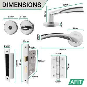 AFIT Chrome Bathroom Door Handle Set, Thumb Turn & Release Set, Lock & Hinges 76mm - Novi Range