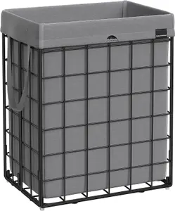 SONGMICS Laundry Bin, Foldable Clothes Basket, Washing Hamper, Detachable Liner, Wire Frame, for Bath or Bedroom, Black and Grey