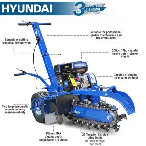 Hyundai 210cc 7hp Petrol Trencher, Recoil Start, 450mm Depth  HYTR70