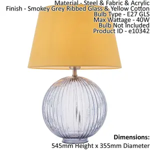 Table Lamp Smokey Grey Ribbed Glass & Yellow Cotton 40W E27 Bedside Light