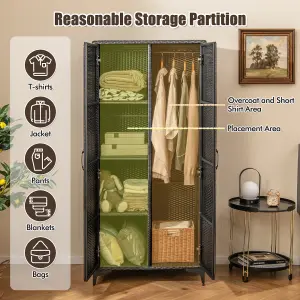 COSTWAY PE Rattan Wardrobe 157 cm Wicker Armoire Closet w/ Hanging Rod