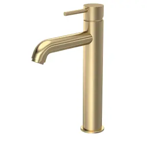 Round Minimalist Tall Mono Basin Mixer Tap - Brushed Brass