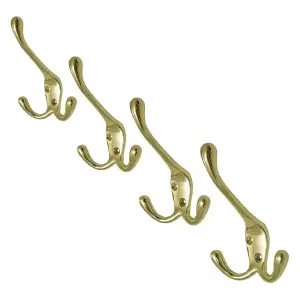 4 x Polished Brass Metal Triple Hat and Coat Hooks, Door Robe Dress Hangers