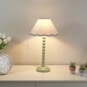 ValueLights Bobbles Sage Green Bobbin Table Lamp with Blue Trim Scallop Shade