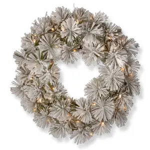 Snowy Bristle Pine 24" Wreath with 50 Warm White LED