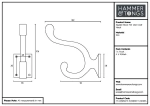 Hammer & Tongs - Square Back Hat & Coat Hook - W35mm x H105mm - Black