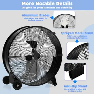 Costway 24" Drum Fan High-Velocity Direct-Driven Floor Fan 3 Speed