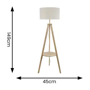 ValueLights Morrigan Wooden Tripod Floor Lamp with Linen White Trim Drum Shade