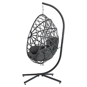 Dark Grey Foldable 1 Seater Rattan Egg Swing Chair Garden Relaxing Hanging Chair with Metal Stand and Cushion