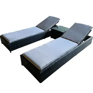 Patio Rattan Sun Lounger Chaise Garden Pool Wicker Recliner 3PCS Recliner Set with Glass Coffee Table  - Black with Gray Cushion