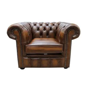 Chesterfield Low Back Club ArmChair Antique Tan Real Leather In Classic Style