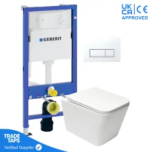 White Wall Hung Square Toilet Pan with Geberit Concealed Cistern Frame 112cm & Delta50 White Flush Plate