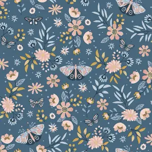 Muriva Blue Floral Metallic effect Embossed Wallpaper