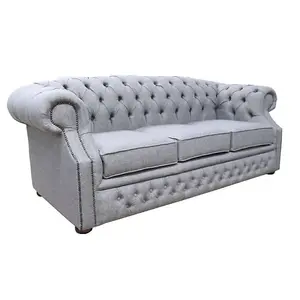 Chesterfield 3 Seater Sofa Gleneagles Plain Silver Fabric In Buckingham Style