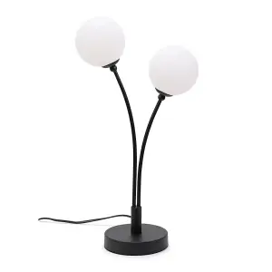 ValueLights Velika Black 2 Way Double Bedside Table Lamp with White Frosted Glass Globe Shades