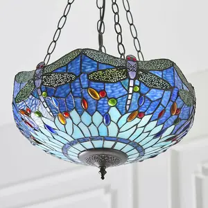 Tiffany Glass Hanging Ceiling Pendant Light Blue Dragonfly 3 Lamp Shade i00108