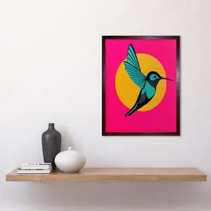 Vibrant Retro Pop Art Hummingbird - Print Brown Framed Paper / 43cm H x 33cm W x 2cm D