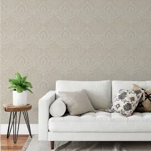 Grandeco Margot Ornamental Filigree Metallic Damask Textured Wallpaper, Neutral