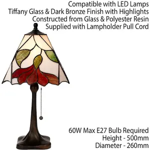 Tiffany Glass Table Lamp Light Dark Bronze & White / Red Floral Shade i00176