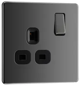 GoodHome Nickel effect Single 13A Gloss Black Socket 2 poles