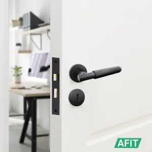 AFIT Matt Black Key Lock Knurled Door Handle Set Round Sash Lock (64mm), Hinges (76mm) & 2 Escutcheons - Dixon Range