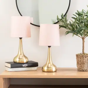 Pair - Brushed Gold Teardrop Touch Dimmer Table Lamps with Blush Pink Shade Bedside Light - LED Bulbs Included