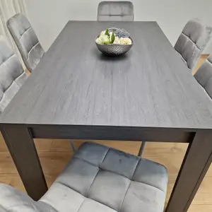 Dining Table and 6 Chairs  Black Dark Grey 6 Grey Velvet Chairs Wood Dining Set Furniture