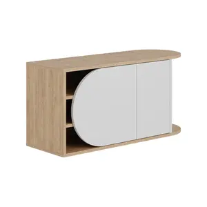 Decortie Nova Shoe Bench Storage Oak, White Engineered Wood 2-Door Oval Cut Edge 104(W)cm with Metal Hook Organiser Hallway