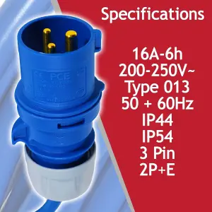 SPARES2GO 16A Extension Lead 14m 240V 2.5mm Outdoor Construction Site Heavy Duty Generator Power Cable (Blue)