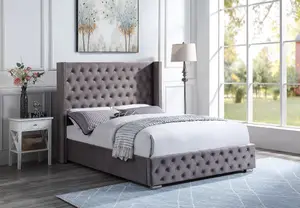 Brushed Velvet Upholstered Double Ottoman Bed Frame With Tall Winged Headboard