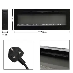 Black Electric Fire Wall Mounted or Recessed Fireplace Heater 12 Flame Colors Adjustable with Remote Control 70 Inch