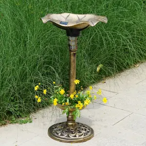 Bronze Effect Plastic Pedestal Bird Bath Garden Feeder Planter With Solar Light