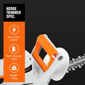 VonHaus Hedge Trimmer 550W, Electric Lightweight Cutter for Hedges, Bushes, Branches & More, Comes with Blade Cover, 10m Cable