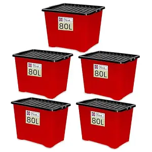 Neat. 80L Storage Boxes with Lids - Red Base & Black Clip Lid Ideal for Home Organisation- Pack of 5