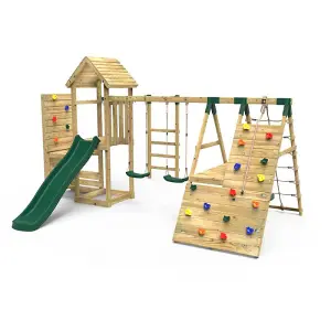 Rebo Wooden Climbing Frame with Vertical Rock Wall, Swing Set and Slide - Pennine+