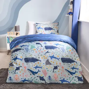 Duvet Cover Set Under The Sea Quilt Pillowcase Reversible Bedding, Blue - Junior