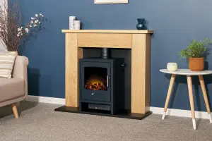 Adam Chester Stove Fireplace in Oak & Black with Bergen Electric Stove in Charcoal Grey, 39 Inch