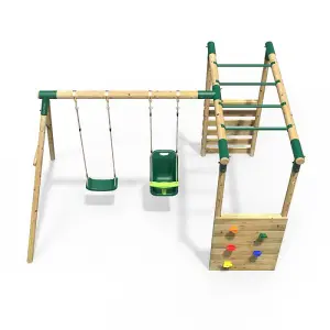 Rebo Wooden Children's Garden Swing Set with Monkey Bars - Double Swing - Luna Green