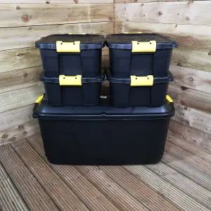 1 x 145L AND 4 x 24L Heavy Duty Trunks 1 on Wheels Sturdy, Lockable, Stackable and Nestable Design Storage Chest Clips in Black