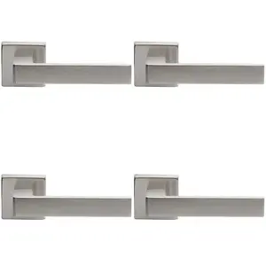 4 PACK - Contemporary Flat Door Handle Set - Satin Chrome Sleek Lever on Square Rose